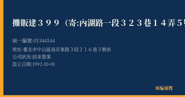 攤販建399(寄:內湖路一段323巷14弄5號4樓)的照片-統編 01344144(臺北市) 公司登記資料與營業項目詳細圖表