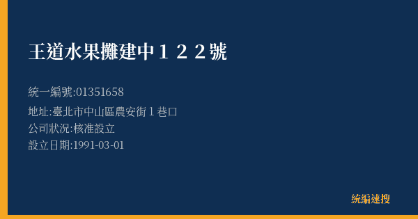 王道水果攤建中122號的照片-統編 01351658(臺北市) 公司登記資料與營業項目詳細圖表