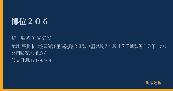 攤位206的照片-統編 01366322(臺北市) 公司登記資料與營業項目詳細圖表