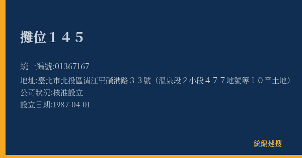 攤位145的照片-統編 01367167(臺北市) 公司登記資料與營業項目詳細圖表