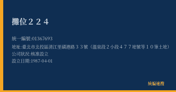 攤位224的照片-統編 01367693(臺北市) 公司登記資料與營業項目詳細圖表