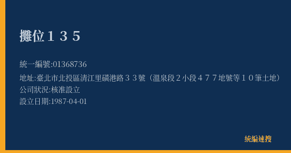 攤位135的照片-統編 01368736(臺北市) 公司登記資料與營業項目詳細圖表