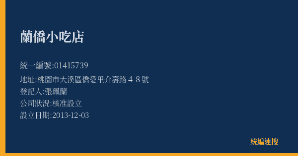 蘭僑小吃店的照片-統編 01415739(桃園市) 公司登記資料與營業項目詳細圖表