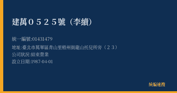 建萬0525號(李續)的照片-統編 01431479(臺北市) 公司登記資料與營業項目詳細圖表