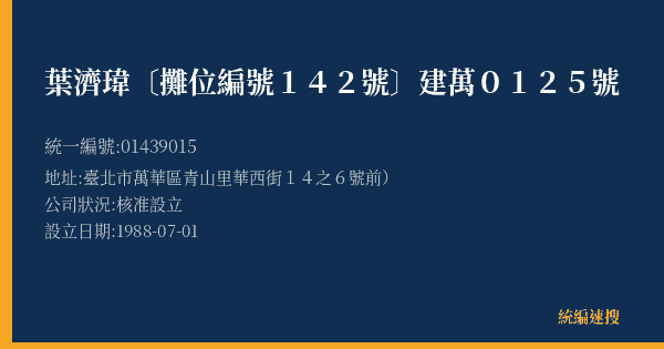葉濟瑋〔攤位編號142號〕建萬0125號的照片-統編 01439015(臺北市) 公司登記資料與營業項目詳細圖表