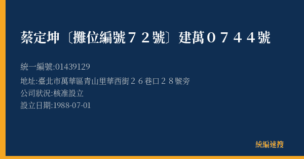 蔡定坤〔攤位編號72號〕建萬0744號的照片-統編 01439129(臺北市) 公司登記資料與營業項目詳細圖表