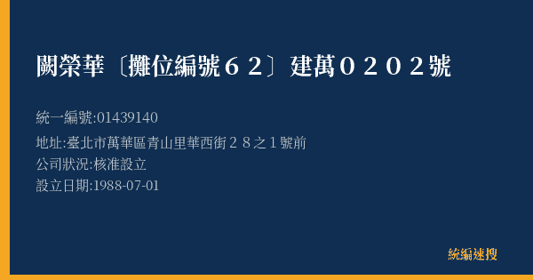 闕榮華〔攤位編號62〕建萬0202號的照片-統編 01439140(臺北市) 公司登記資料與營業項目詳細圖表
