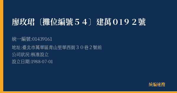 廖玫珺〔攤位編號54〕建萬0192號的照片-統編 01439161(臺北市) 公司登記資料與營業項目詳細圖表