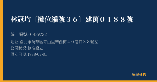 林冠均〔攤位編號36〕建萬0188號的照片-統編 01439232(臺北市) 公司登記資料與營業項目詳細圖表