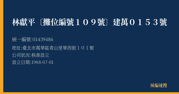 林獻平〔攤位編號109號〕建萬0153號的照片-統編 01439486(臺北市) 公司登記資料與營業項目詳細圖表