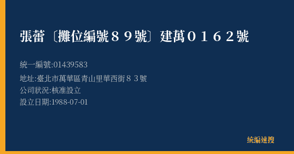 張蕾〔攤位編號89號〕建萬0162號的照片-統編 01439583(臺北市) 公司登記資料與營業項目詳細圖表