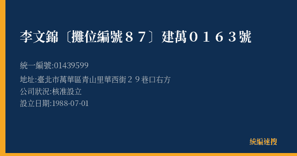 李文錦〔攤位編號87〕建萬0163號的照片-統編 01439599(臺北市) 公司登記資料與營業項目詳細圖表