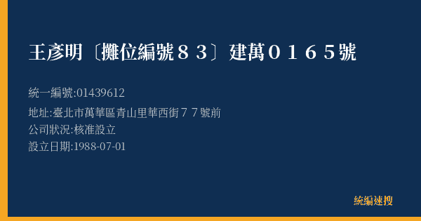 王彥明 〔攤位編號83〕建萬0165號的照片-統編 01439612(臺北市) 公司登記資料與營業項目詳細圖表