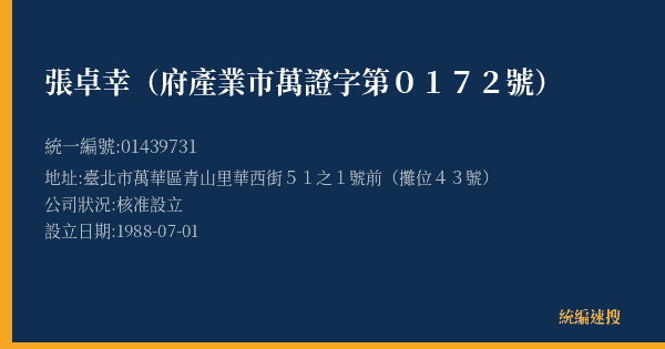 張卓幸(府產業市萬證字第0172號)的照片-統編 01439731(臺北市) 公司登記資料與營業項目詳細圖表