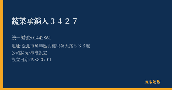 蔬菜承銷人3427的照片-統編 01442861(臺北市) 公司登記資料與營業項目詳細圖表