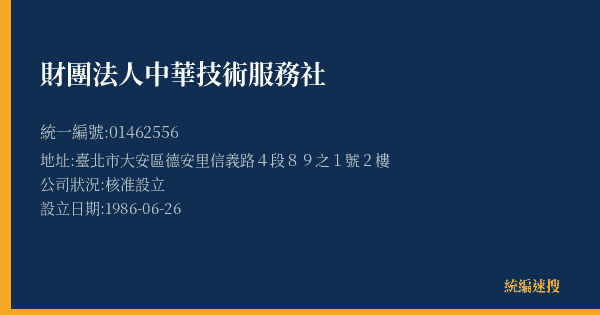 財團法人中華技術服務社的照片-統編 01462556(臺北市) 公司登記資料與營業項目詳細圖表