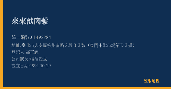 來來獸肉號的照片-統編 01492284(臺北市) 公司登記資料與營業項目詳細圖表