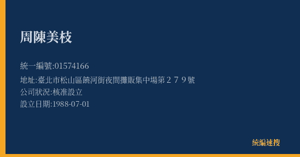 周陳美枝的照片-統編 01574166(臺北市) 公司登記資料與營業項目詳細圖表