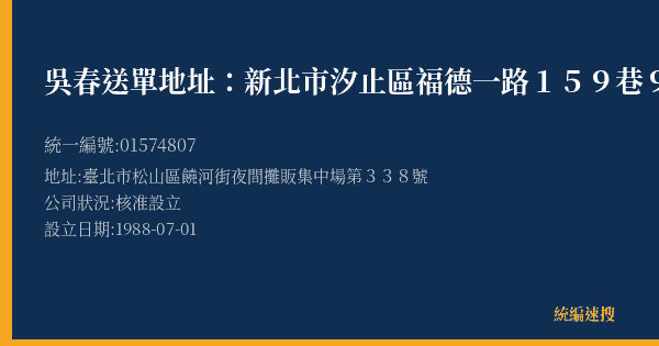 吳春送單地址:新北市汐止區福德一路159巷9號1樓的照片-統編 01574807(臺北市) 公司登記資料與營業項目詳細圖表