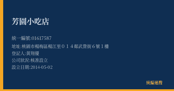 芳園小吃店的照片-統編 01617587(桃園市) 公司登記資料與營業項目詳細圖表