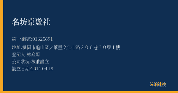 名坊桌遊社的照片-統編 01625691(桃園市) 公司登記資料與營業項目詳細圖表