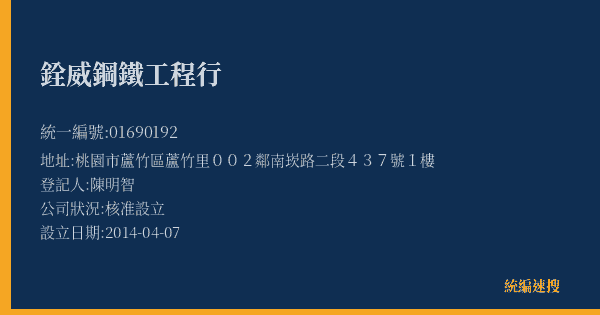 銓威鋼鐵工程行的照片-統編 01690192(桃園市) 公司登記資料與營業項目詳細圖表