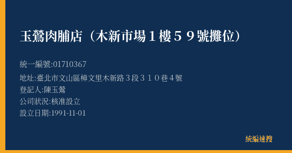 玉鶯肉脯店(木新市場1樓59號攤位)的照片-統編 01710367(臺北市) 公司登記資料與營業項目詳細圖表