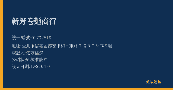 新芳卷麵商行的照片-統編 01732518(臺北市) 公司登記資料與營業項目詳細圖表