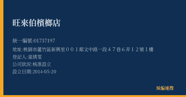 旺來伯檳榔店的照片-統編 01737197(桃園市) 公司登記資料與營業項目詳細圖表