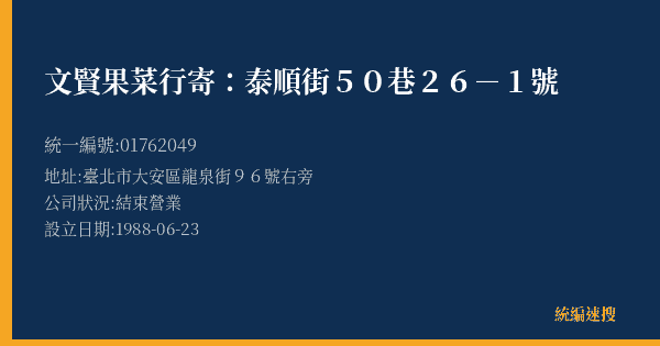 文賢果菜行寄:泰順街50巷26-1號的照片-統編 01762049(臺北市) 公司登記資料與營業項目詳細圖表