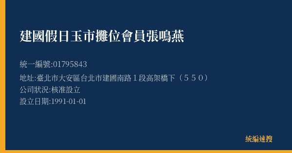 建國假日玉市攤位會員張鳴燕的照片-統編 01795843(臺北市) 公司登記資料與營業項目詳細圖表