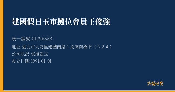 建國假日玉市攤位會員王俊強的照片-統編 01796553(臺北市) 公司登記資料與營業項目詳細圖表