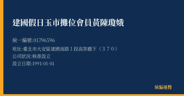 建國假日玉市攤位會員黃陳瓊娥的照片-統編 01796596(臺北市) 公司登記資料與營業項目詳細圖表