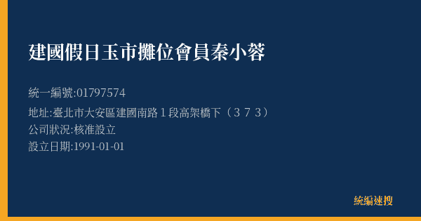 建國假日玉市攤位會員秦小蓉的照片-統編 01797574(臺北市) 公司登記資料與營業項目詳細圖表