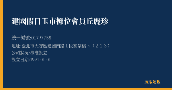 建國假日玉市攤位會員丘麗珍的照片-統編 01797758(臺北市) 公司登記資料與營業項目詳細圖表