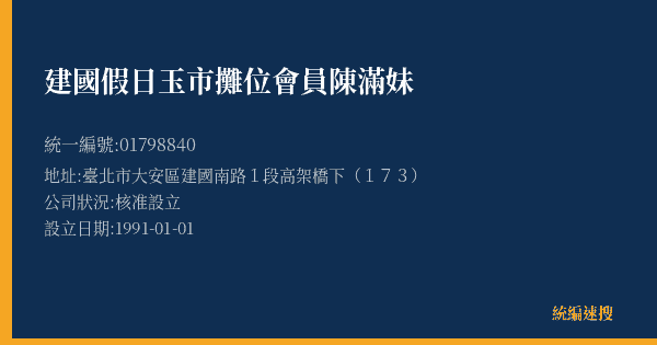 建國假日玉市攤位會員陳滿妹的照片-統編 01798840(臺北市) 公司登記資料與營業項目詳細圖表