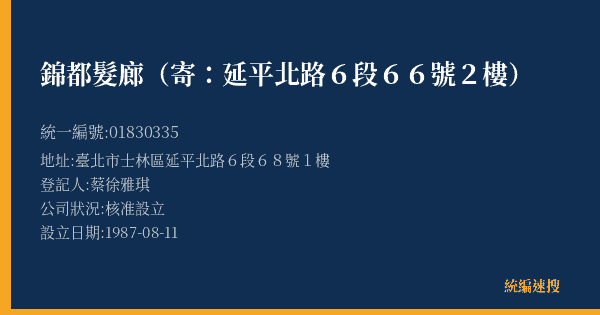 錦都髮廊(寄:延平北路6段66號2樓)的照片-統編 01830335(臺北市) 公司登記資料與營業項目詳細圖表