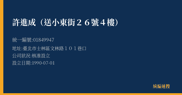 許進成(送小東街26號4樓)的照片-統編 01849947(臺北市) 公司登記資料與營業項目詳細圖表