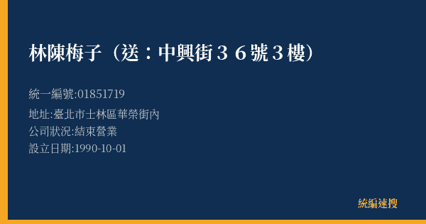 林陳梅子(送:中興街36號3樓)的照片-統編 01851719(臺北市) 公司登記資料與營業項目詳細圖表