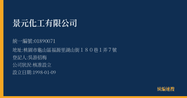 景元化工有限公司的照片-統編 01890071(桃園市) 公司登記資料與營業項目詳細圖表