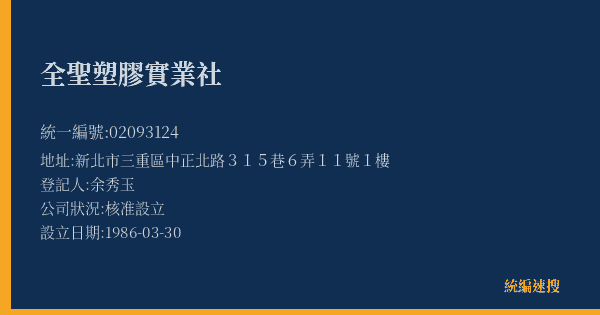 全聖塑膠實業社的照片-統編 02093124(新北市) 公司登記資料與營業項目詳細圖表