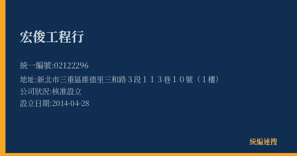 宏俊工程行的照片-統編 02122296(新北市) 公司登記資料與營業項目詳細圖表