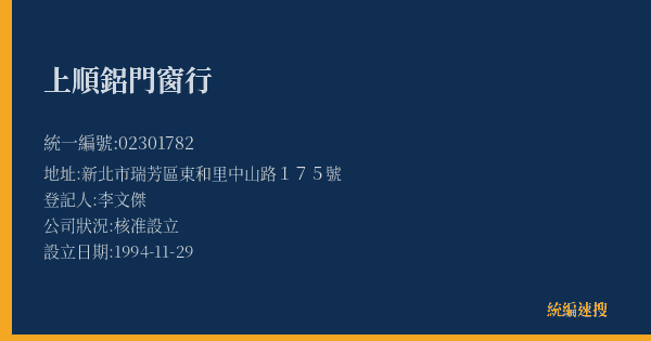 上順鋁門窗行的照片-統編 02301782(新北市) 公司登記資料與營業項目詳細圖表
