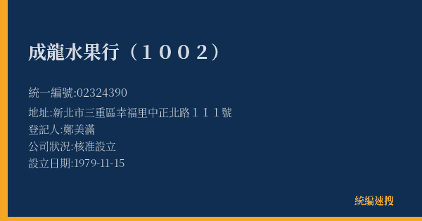 成龍水果行(1002)的照片-統編 02324390(新北市) 公司登記資料與營業項目詳細圖表