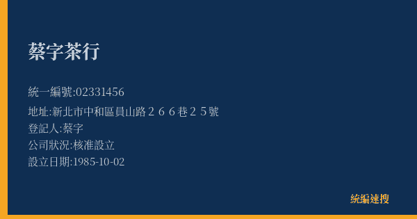 蔡字茶行的照片-統編 02331456(新北市) 公司登記資料與營業項目詳細圖表