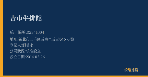 吉市牛排館的照片-統編 02341004(新北市) 公司登記資料與營業項目詳細圖表