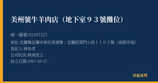 美州號牛羊肉店(地下室93號攤位)的照片-統編 02397127(宜蘭縣) 公司登記資料與營業項目詳細圖表