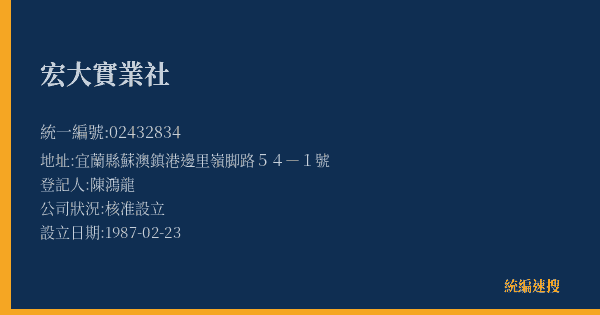 宏大實業社的照片-統編 02432834(宜蘭縣) 公司登記資料與營業項目詳細圖表