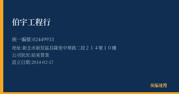 伯宇工程行的照片-統編 02449933(新北市) 公司登記資料與營業項目詳細圖表