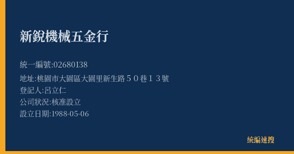 新銳機械五金行的照片-統編 02680138(桃園市) 公司登記資料與營業項目詳細圖表